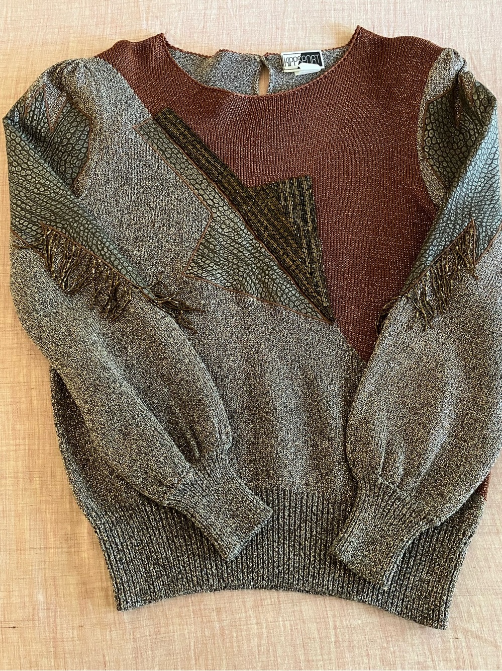 Vintage 1980s Sweater, excellent condition. Lurex, faux leather, and fringe.
